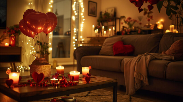 A cozy living room adorned with heart-shaped balloons and delicate flower arrangements, where a mother reads stories to her children by the warm glow of candlelight