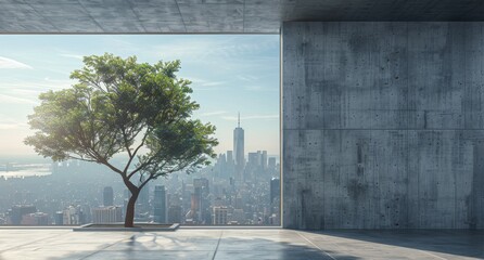 A solitary tree stands tall amidst the concrete jungle, its branches reaching for the open sky, a symbol of resilience and natural beauty in the midst of urban chaos