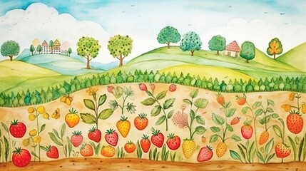 A vibrant painting depicting a farm teeming with ripe fruits, including apples, oranges, pears, and berries. A serene countryside scene with a barn, fields, and a clear blue sky