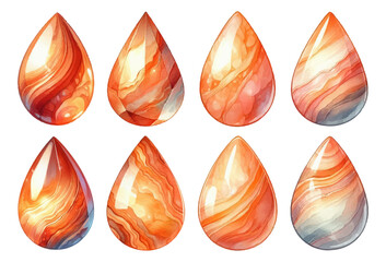 Teardrop-shaped fire opal rhinestone watercolor illustration material set - obrazy, fototapety, plakaty