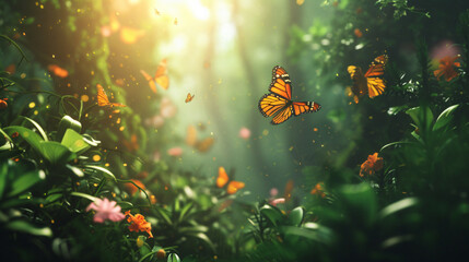 Beautiful Fantasy Enchanted Forest With Butterflies.