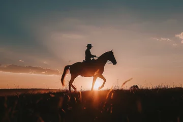 Poster silhouette of a man riding a horse in at sunset © Daniel