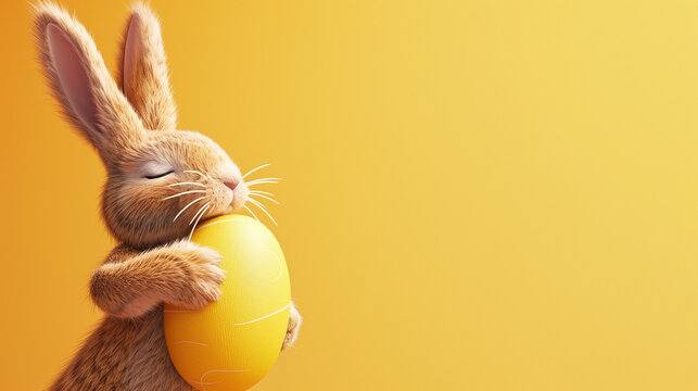 Bunny embracing yellow Easter egg on orange backgrou. Ai generated Image