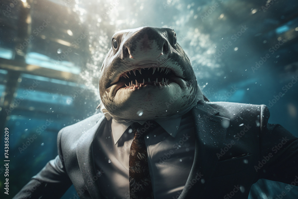 Poster generative ai picture of aggressive angry shark with sharp teeth in suit