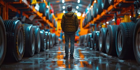 A solitary figure contemplates the neatly lined tires in the dimly lit warehouse, lost in thoughts of speed, strength, and endless possibilities