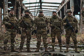 Team military of soldiers standing on the war