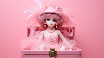 3 Beautiful Girl On Pink In Decorative Box Doll.