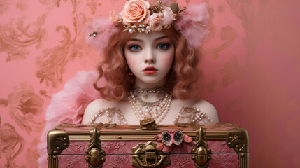 3 Beautiful Girl On Pink In Decorative Box Doll.
