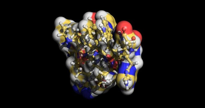 Leuprolide, drug for endometriosis, prostate cancer palliative treatment, 3D molecule spinning on Y-axis, 4K