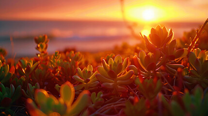 Sedum plants against the backdrop of a vibrant sunset, employing cinematic framing to create stunning silhouettes.