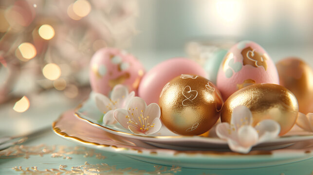 Close up of pastel and gold easter eggs on plate ,Ai Generated Image
