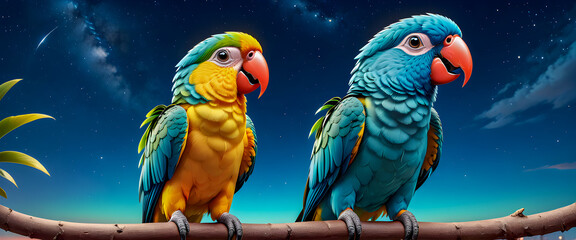 Couple parrots with yellow and blue feathers. Two friendly macaws are on a tree branch. Bird illustration.