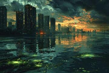 A painting depicting a city skyline at night, illuminated by glowing lights that reflect in the calm water below. Buildings, bridges, and street lamps create a beautiful contrast against the dark sky