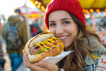 Beautiful young woman having a hotdog