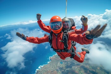 Two adventurous souls embrace the thrill of the sky as they soar through clouds, helmets secured, in tandem skydiving over a majestic mountain, their red parachutes billowing behind them