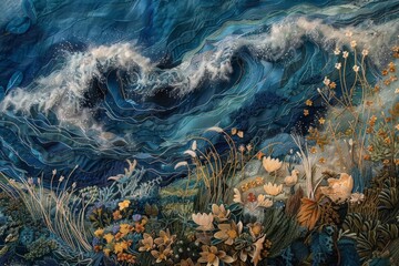 Obraz premium Nature's canvas, a deep blue sea roars beneath a meadow's embrace, a dance of wild serenity.