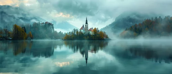 Poster The tranquil beauty of Lake Bled, Slovenia, with its emerald-green waters cradling a tiny island crowned by a medieval church © Artem