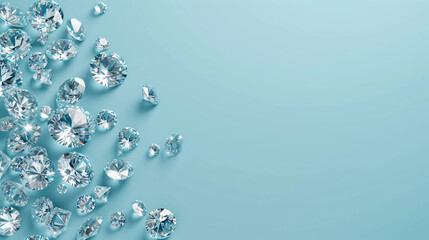 Beautiful Luxury Diamonds Scattered On A Blue Background.