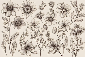 Hand drawn flowers, vector illustration. Floral vintage sketch