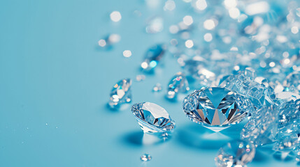Beautiful Luxury Diamonds Scattered On A Blue Background.