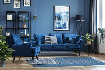Dark blue sofa and recliner chair in scandinavian apartment