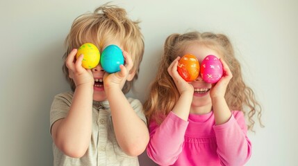 Fototapeta na wymiar Happy Easter, boy and girl holding easter egg over eye