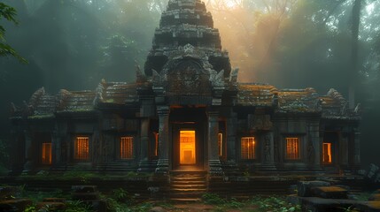 An ancient temple hidden deep within a dense jungle, its weathered stone walls adorned with intricate carvings and surrounded by towering trees - obrazy, fototapety, plakaty