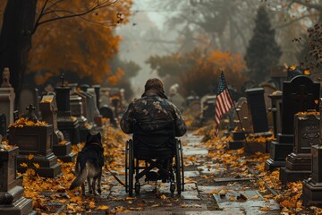 Amidst the solemn graves and autumnal trees, a man in a wheelchair finds solace with his loyal dog by his side on a peaceful cemetery outing - obrazy, fototapety, plakaty