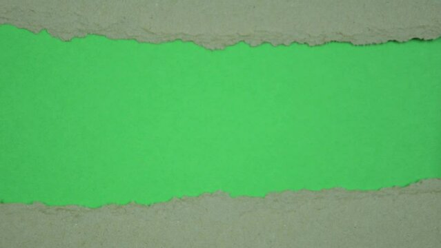 Animation of Cardboard Revealing Empty Green Space Background. Frame Rip with Rough Edge, Ideal for Green Screen and Creative Projects. Torn Paper Background. Chroma Key 4K Animation.