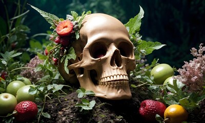 A skull adorned with flowers rests among the terrestrial plants and trees in a natural landscape, creating a haunting yet beautiful piece of art