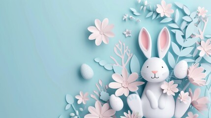 Easter bunny illustration banner or greeting card, pastel blue color
