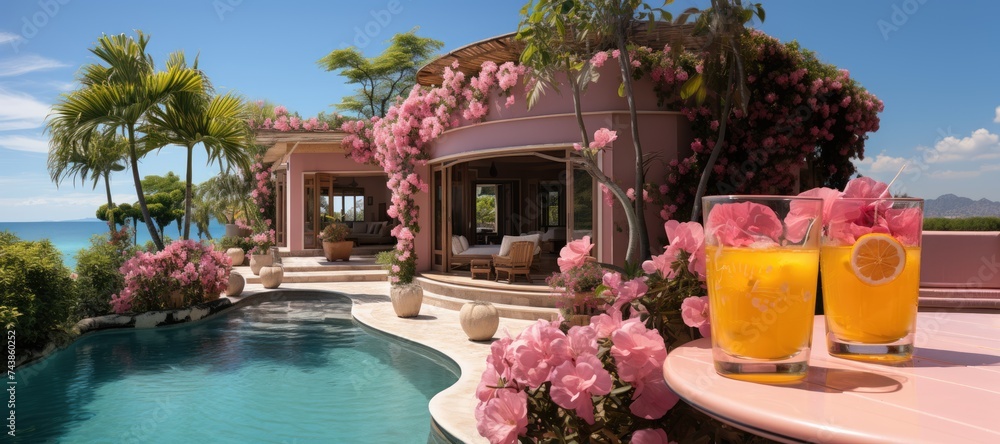 Poster two glasses of freshly squeezed orange juice sit elegantly on a table by the serene pool, offering a