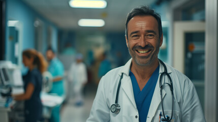 smiling doctor in hospital, medical healthcare, portrait of a doctor - obrazy, fototapety, plakaty