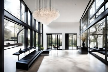 A modern, minimalist vestibule with a high ceiling, an elegant chandelier, and a pair of sleek,...