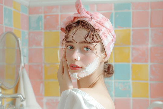 Young woman damp hair gently touches her cheek, applying a swirl of cream to her porcelain skin in the pastel yellow and pink bathroom