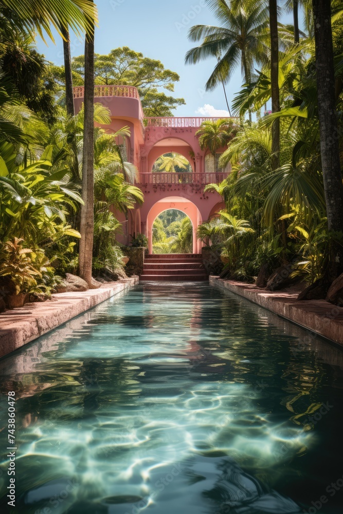 Poster a luxurious pool sits surrounded by lush palm trees, their leaves rustling gently in the breeze, ref