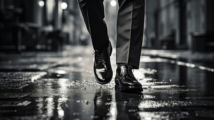 Street photo of the feet of a businessman walking down the road. Perfect dynamic action composition. Generative AI - obrazy, fototapety, plakaty