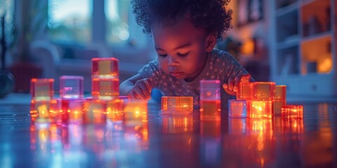A young boy's innocent joy illuminates the outdoors as he plays with blocks, his human face reflecting the warm light of a candle - obrazy, fototapety, plakaty