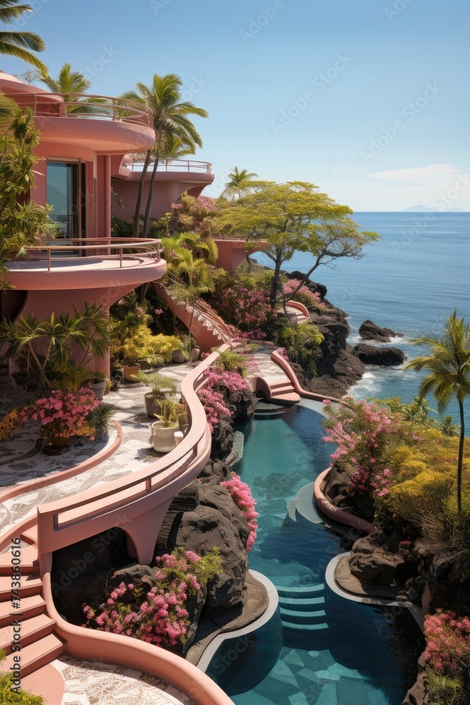 Poster luxurious, spacious house with a beautiful pool situated in the center, creating a tranquil oasis-li
