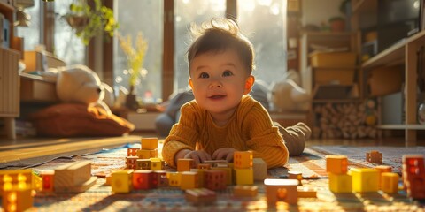 A curious toddler plays with colorful blocks on the floor, his bright clothing and innocent expression adding a charming touch to the indoor scene