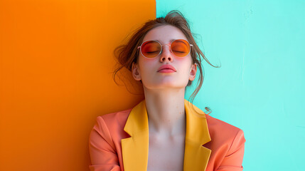 Woman in sunglasses is laying on her back against a blue and orange wall, vibrant color, fashion photography