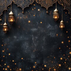 A black Muslim background adorned with shimmering gold stars and elegant lanterns, creating a magical and enchanting atmosphere