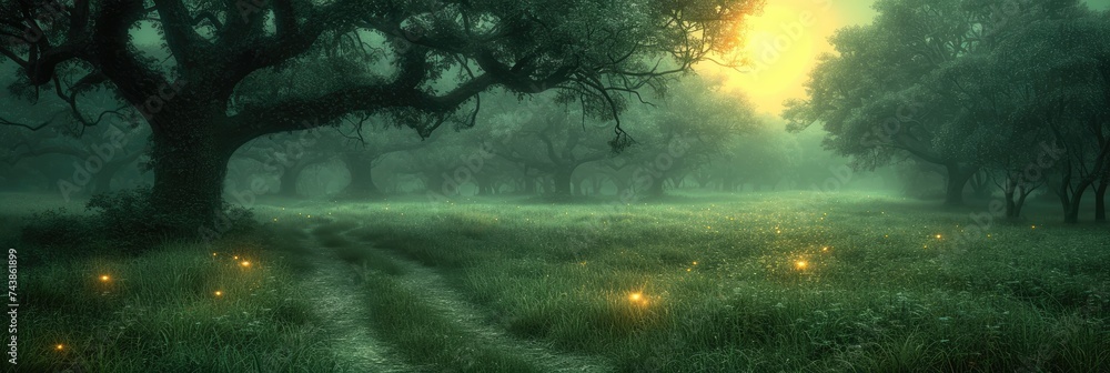Poster a serene path winds through a dense forest, illuminated by the magical glow of fireflies dancing in 