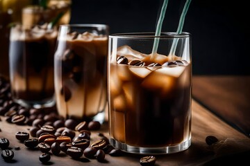 A close-up photograph capturing the details of a chilled iced coffee with coffee beans on the surface, served in a transparent glass, presenting a stylish and energizing summer beverage option