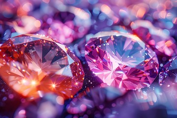 A mesmerizing array of magenta gemstones radiating vibrant hues of purple and light, capturing the...