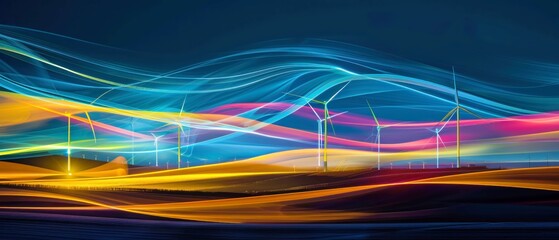Silhouettes of renewable energy , wind, solar, geothermal, hydroelectric with light trails as abstract background