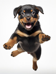 Adorable black Rottweiler dog puppy jumping pose isolated on white background created with Generative AI Technology 