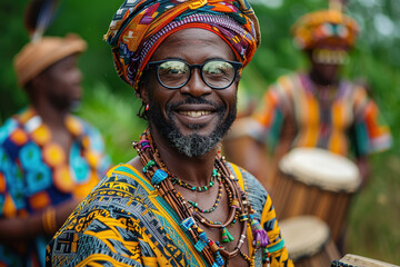 Obraz premium celebration with people wearing traditional attire, dancing, and playing music that reflects their heritage