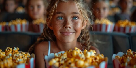 A cheerful girl with striking blue eyes and a sprinkling of freckles holds a bucket of popcorn, ready for a cozy indoor movie night - obrazy, fototapety, plakaty