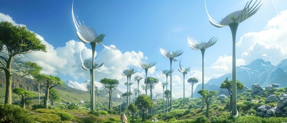 Imaginative nature-inspired renewable energy morphing turbine-tall trees, flowing solar rivers, wind petal rotations - obrazy, fototapety, plakaty